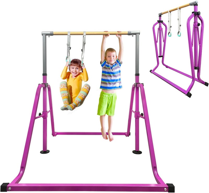 GLANT Gymnastics Bar for Kids with Rings Set, 7 Heights Adjustable Easy Folding Gymnastic Training Bar Kids Monkey Horizontal Bars - Max Load 300LBS - Image 1